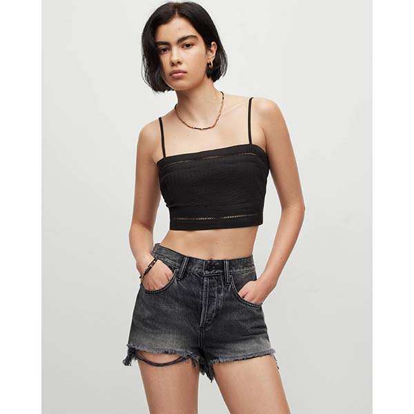 Allsaints Australia Womens Whitley Broderie Ladder Trim Crop Top Black AU35-984